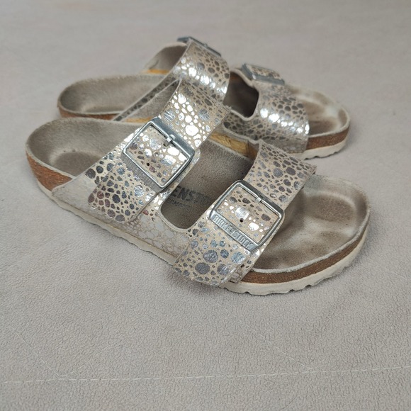 Birkenstock Arizona Sandals Womens 37 US 6 Stone Silver Metallic Slides Boho - Picture 2 of 9